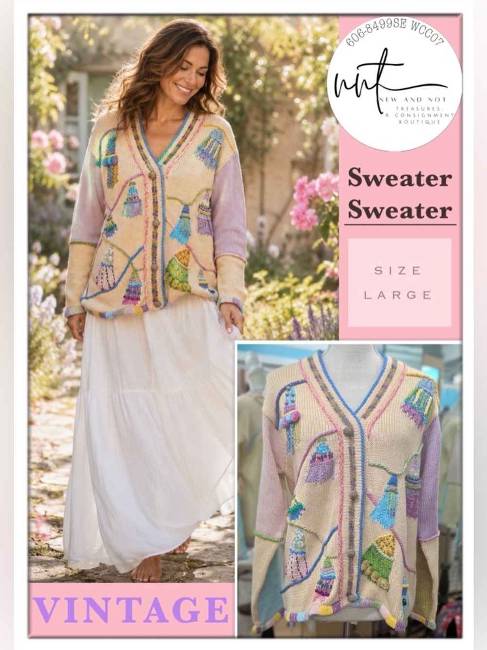 Vintage Whimsical Knit Cardigan Sweater Storybook Cottagecore Boho Grandma Large